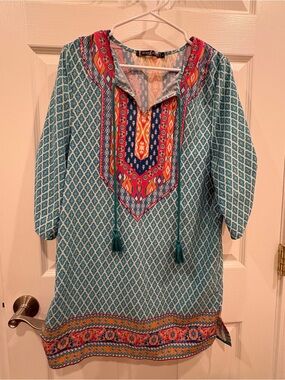 Boho Teal Printed Tunic with Colorful Embroidered Yoke